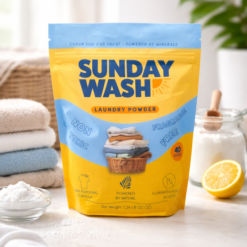 Bag of Sunday Wash laundry powder on a kitchen counter with cleaning supplies in the background.